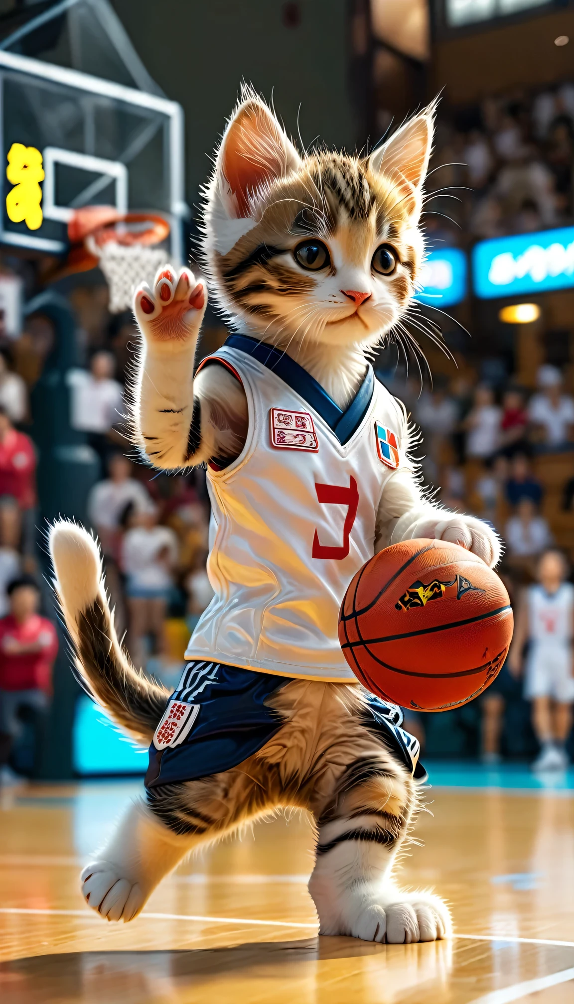 ((8k)), highest quality, 超High resolution, (High resolution), A kitten is playing basketball wearing the uniform of the Japanese national basketball team, Jumping、Throwing the ball with both hands, Basketball Goals, Basketball Court, Loud cheers from the audience