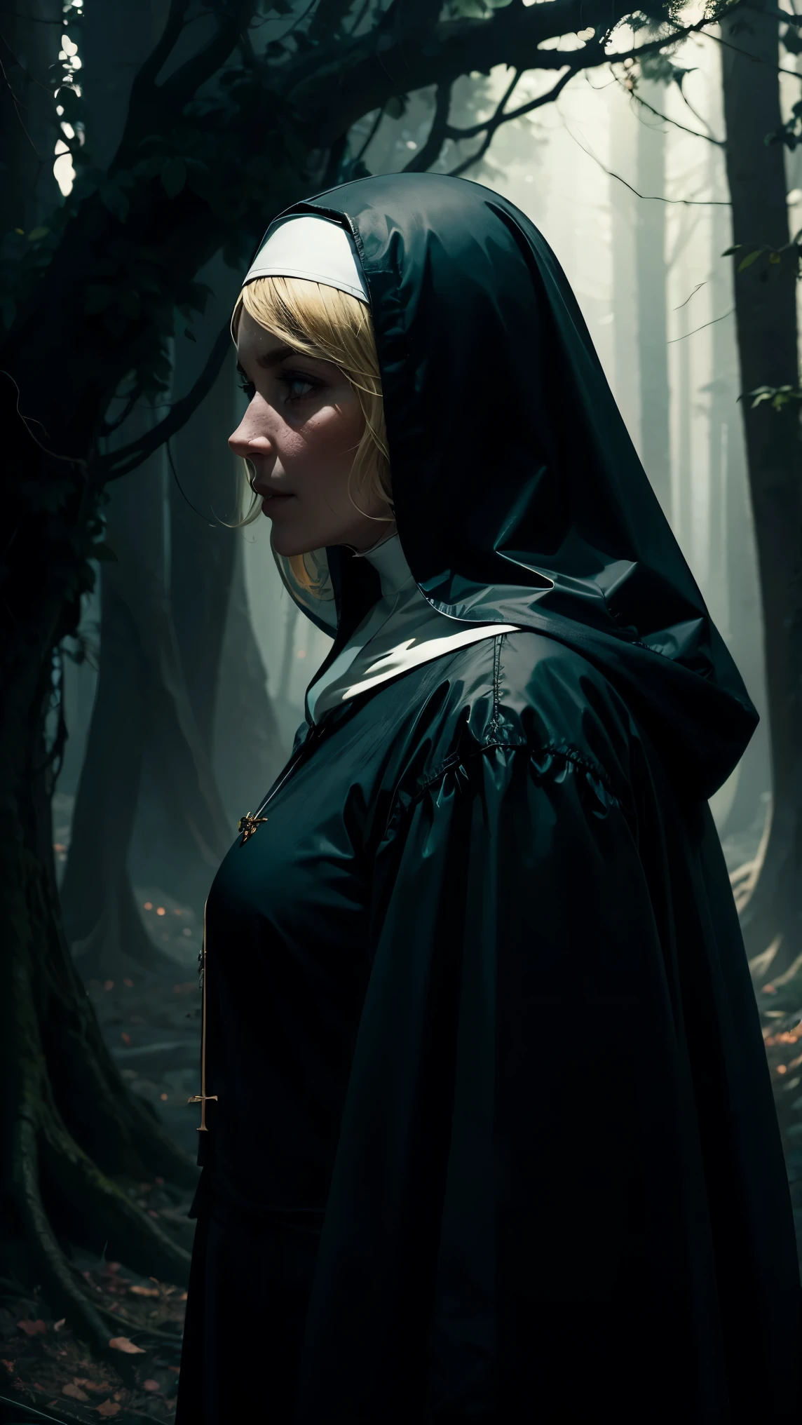 Vivid, high-contrast horror hooded mature 50 years blonde nun in white forest background under a dramatic, gritty lighting , side view