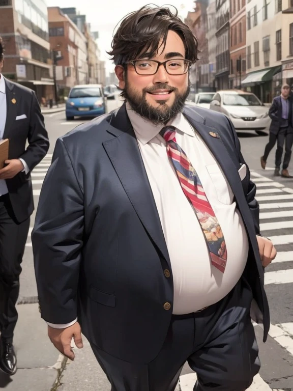 male, alone, ((Yossan)), beard, Glasses, (Are fat), (lawyer), suit, victory, smile, Outside the court, applause, joy, Legal Book, media, interview, full body