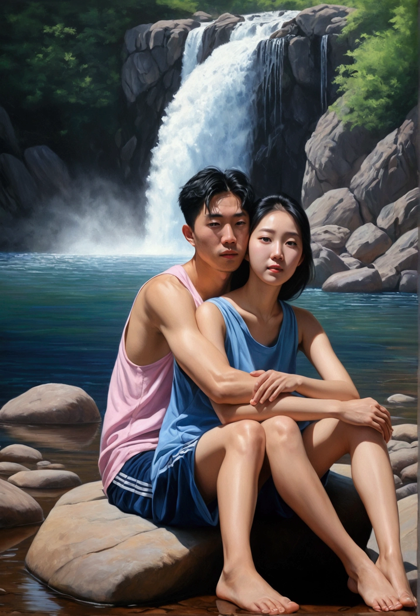 Hyperrealistic oil painting of a Korean couple hugging while sitting. One arm around it's up front. He sat behind her while hugging her the back of his head to the side. He is a beautiful Korean woman, wearing off-pink oversized shoulder t-shirt and bare feet. He wearing a dark blue sleeveless t-shirt and drawstring shorts(blue), bare feet can be seen. They sat on the rocks around waterfall. UHD