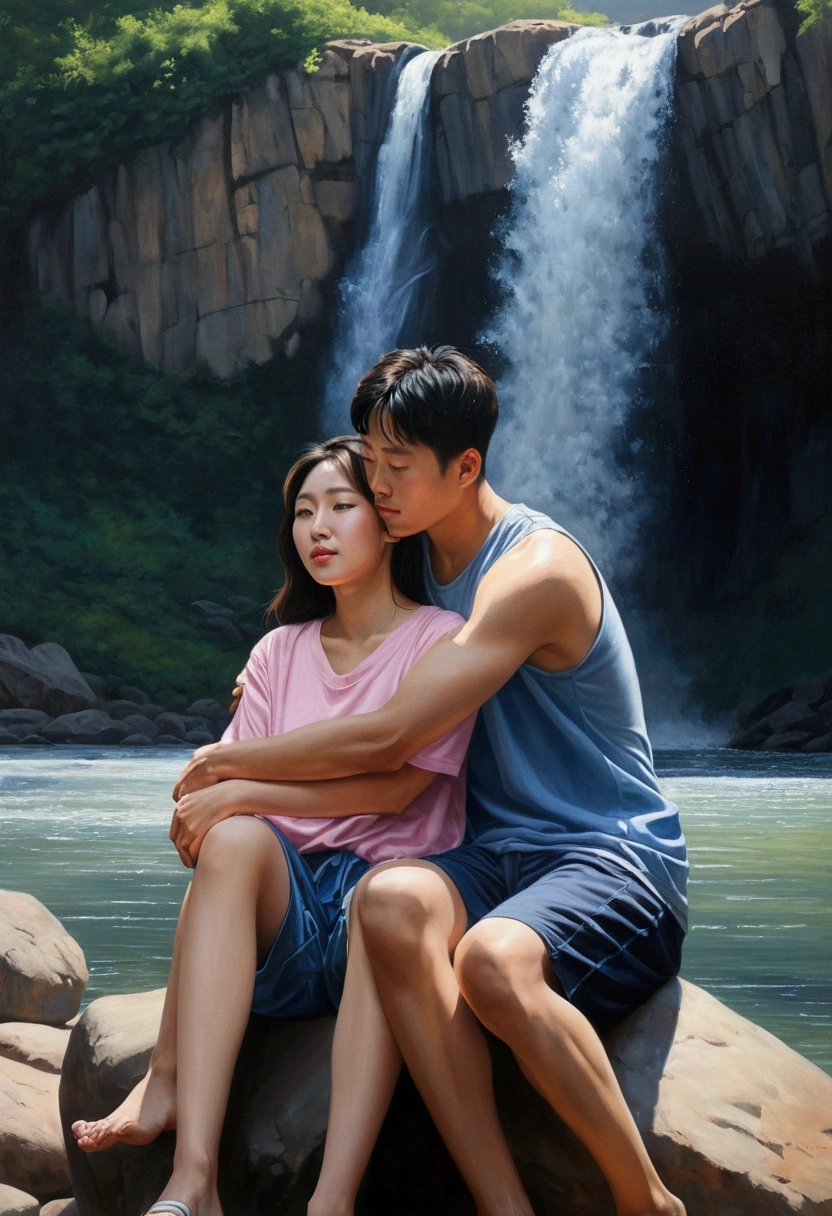 Hyperrealistic oil painting of a Korean couple hugging while sitting. One arm around it's up front. He sat behind her while hugging her the back of his head to the side. He is a beautiful Korean woman, wearing off-pink oversized shoulder t-shirt and bare feet. He wearing a dark blue sleeveless t-shirt and drawstring shorts(blue), bare feet can be seen. They sat on the rocks around waterfall. UHD