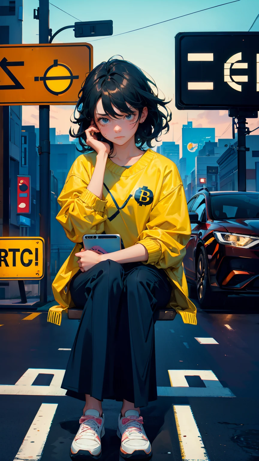 A cute girl with sadness emotions on face looking at of cars stuck in traffic with bitcoin symbols on the road signs, one car has an extremely frustrated man sitting inside it looking at his phone, in the style of caricature.