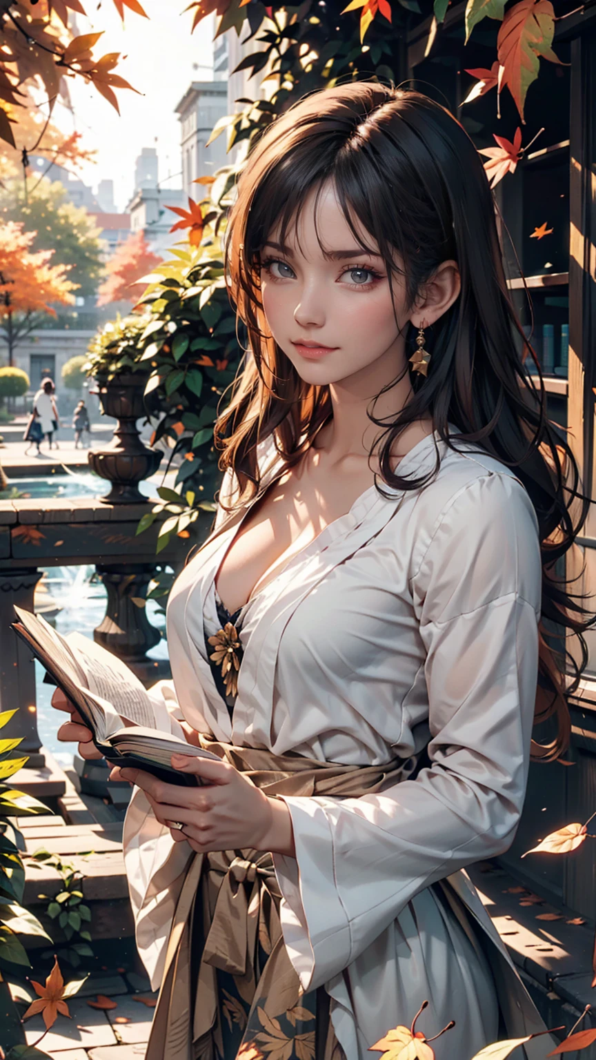 In the autumn garden、An elegant woman walking slowly along a path of fallen leaves。She has a book in her hand、Autumn leaves surround her