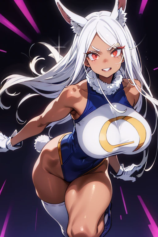 falling_Into_mouth, Rumi Usagiyama, long hair, animal ears, white hair, rabbit ears, dark-skinned female, muscular, rabbit girl, muscular female, (red eyes:1.5), (parted bangs:1.5), (complete anatomy), High resolution,Sharp focus,(Super detailed,Very detailed),(Very detailed CG unity 8k wallpaper),(((Vibrant colors))),{best illustration}, Complex eyes,Beautiful Eyes,Symmetrical eyes,Big eyes:1.5,Seductive eyes, (((dark skin,dark_skin,lustrous skin:1.5,bright skin: 1.5, skin tanned, shiny skin,very shiny skin,Shiny body,plastic glitter, skin,exaggerated shiny skin,illuminated skin))),Perfect Fingers, (Detailed body),(Detailed face)), cute,Lewd,erotic,Bold,Camel Toe,Revealing clothing,show skin, (Huge hips:1.1),(Huge breasts, Glamour:1.2), Slow Motion, Motion-blur, thigh highs, gloves, sleeveless, white gloves, leotard, turtleneck, high leg, high leg leotard, fur collar, sleeveless turtleneck, turtleneck leotard, sleeveless turtleneck leotard, crescent print, Arrogant look, Domineering smile, Baring teeth,　look back,Knee kick,