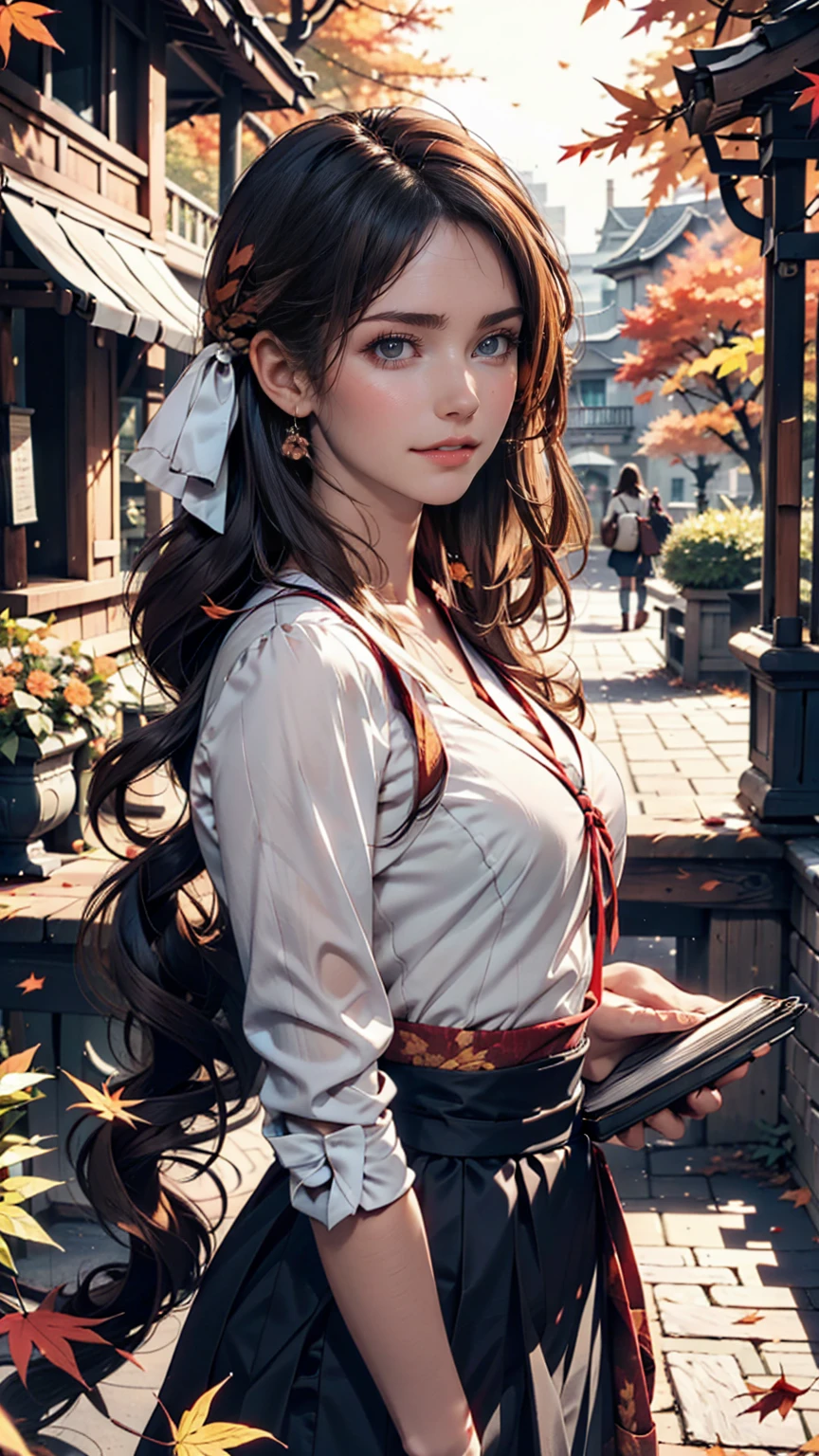 In the autumn garden、An elegant woman walking slowly along a path of fallen leaves。She has a book in her hand、Autumn leaves surround her、Upstyle your hair