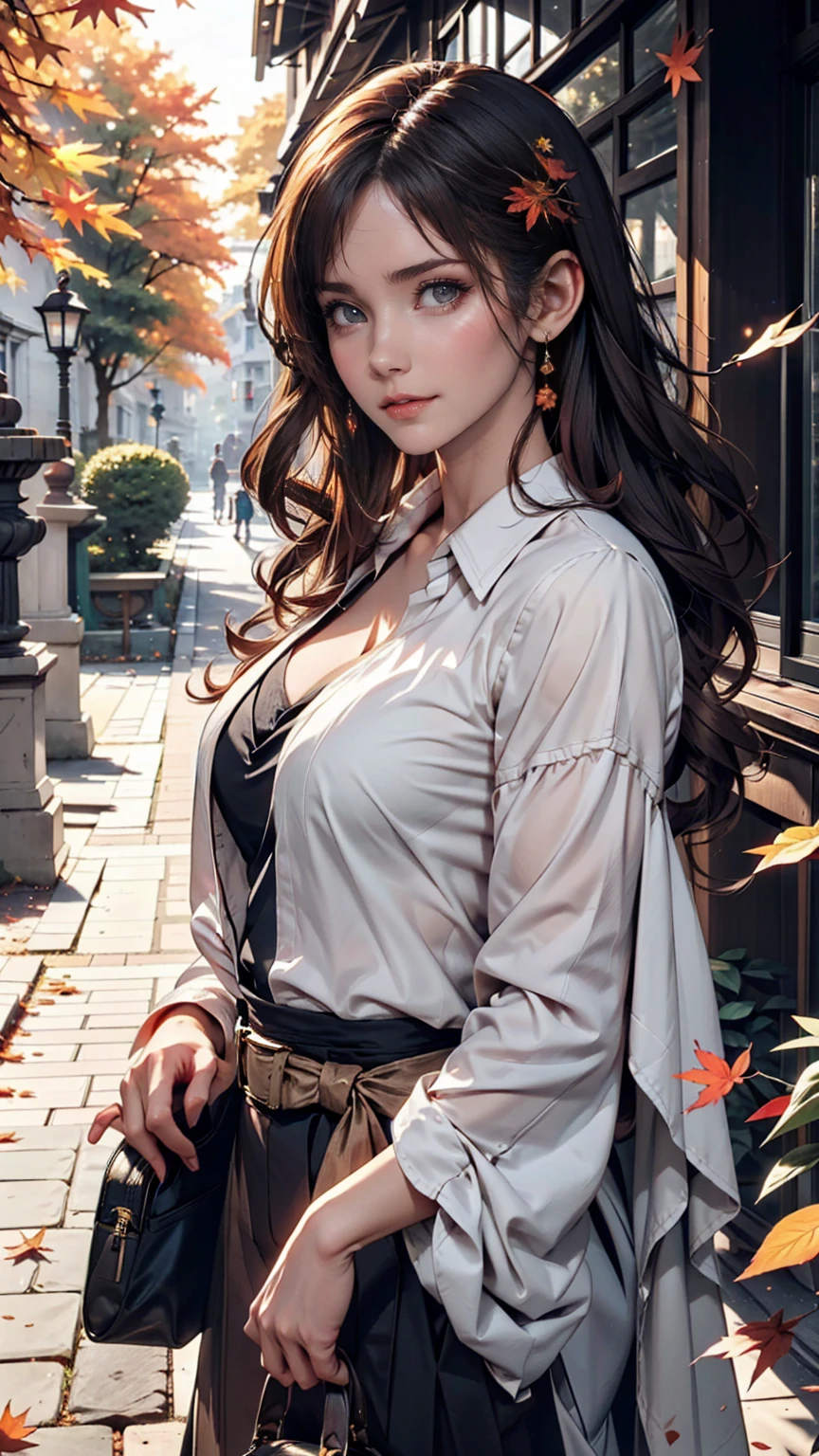 In the autumn garden、An elegant woman walking slowly along a path of fallen leaves。She has a book in her hand、Autumn leaves surround her、Upstyle your hair
