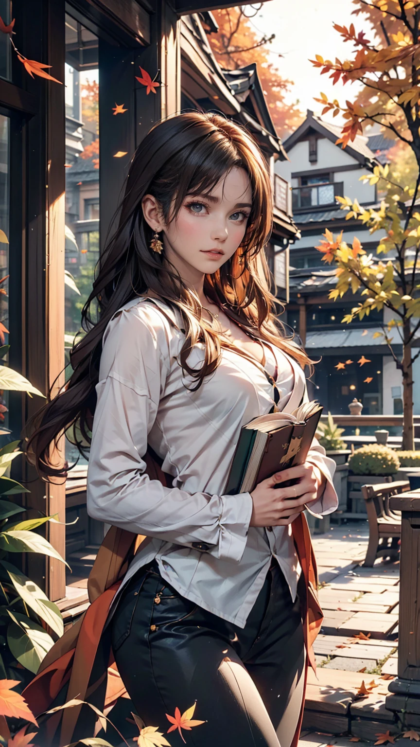 In the autumn garden、An elegant woman walking slowly along a path of fallen leaves。She has a book in her hand、Autumn leaves surround her、Upstyle your hair