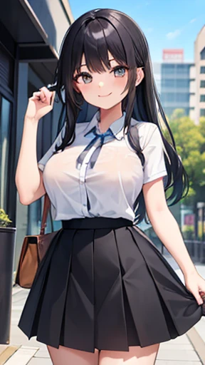 (15-year-old girl), (blouse), (skirt),(Casual Fashion) (Park Background), (smile) (Random Pause),Big Breasts、Long black hair