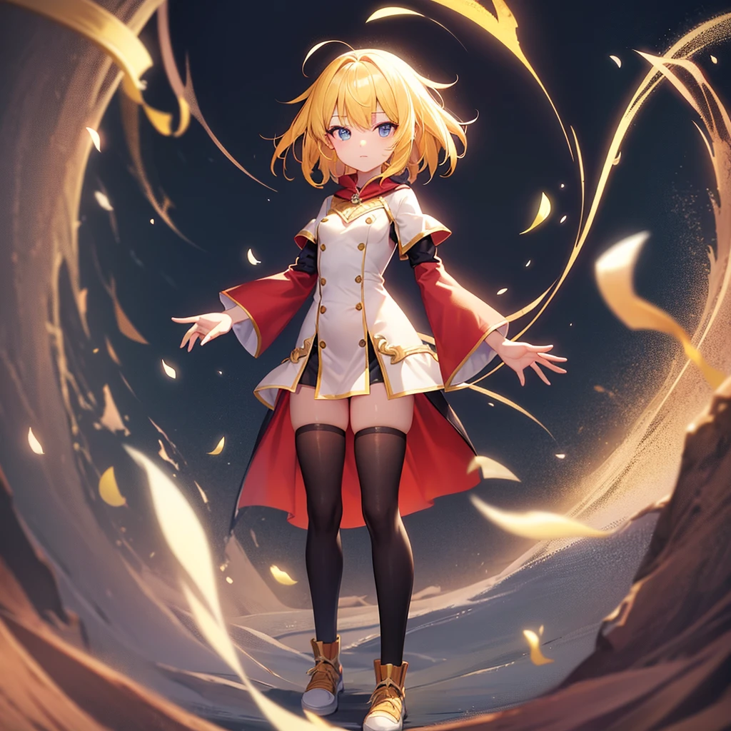 ((Adventurer)),Wizard,mini skirt,Red clothes,Cute little ,Tiny ,Small girl,,Childish face, Very fine clean face,Top quality,Straight Hair,Yellow hair,(Dark Room), Subtle Light, Natural light,Soft lighting,Light from directly behind,(Open your hands), (Are standing),Front view,Black background