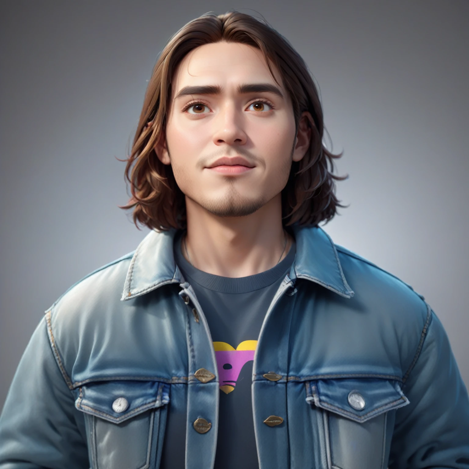 man, 3d cartoon character, plain gray background, half body preview, 8k, jeans jacket, white t-shirt, facing the camera, high detail, bright colors, high contrast, UHD, ultra-detailed texture, lighting cinematic