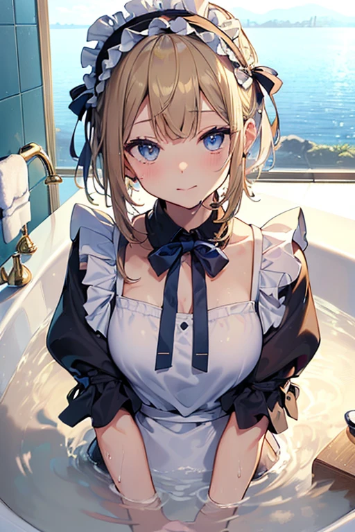 (Ultra high quality:1.6), (Highest quality:1.6), (Attention to detail:1.6), (Ultra-high resolution:1.6), (Detailed face:1.6), (Perfect Face:1,6), (Beautiful Eyes:1.6), (Detailed eyes:1.6), (Maid clothes, White apron, Headband, Black Dress, Blue ribbon, Maid clothes, Classic, Small breasts, Long:1.4), (白と黒のMaid clothes:1.6), (Blonde, Blue Eyes, Cat ear:1.5), cute, The best smile, Soaking wet, (Water droplets all over the body:1.4), (全身White foamまみれ:1.4), (Swimming in clothes, bathing, Bathroom, Longの浴槽:1.6), (relax, Relax in the bathtub:1.6), (Bubble bath:1.4, White foam:1.4), (Maid clothesのまま浴槽へ:1.4), 衣服にもWhite foam, (Soak in hot water up to your chest:1.6), (Deep hot water:1.5), shampoo, Body Soap, Wash your body with your clothes on,  A maid sinking in bubbly water, 