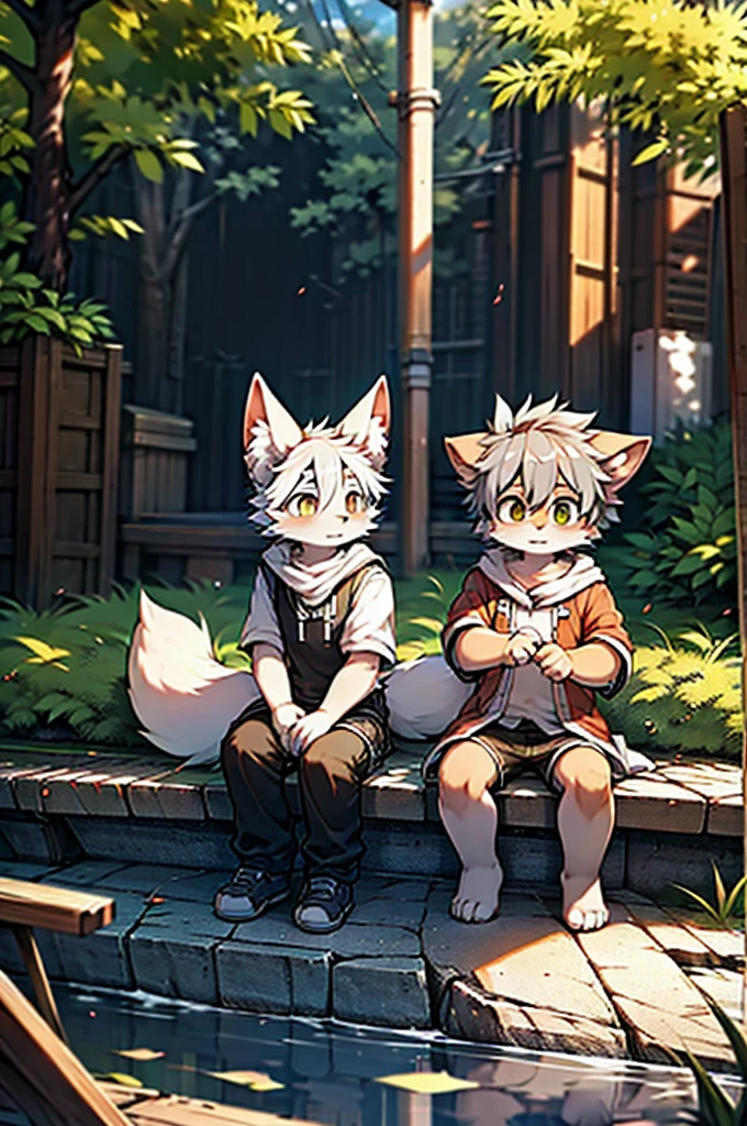 (Dagashi: 1.1),BREAK,Masterpiece,High resolution,8k,Detailed Background,high quality,BREAK,Furry,(One boy)broken,Fox,fur,Bright outside,Gray Hair,It has two legs