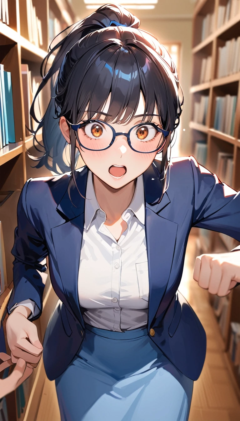 first-person view,18 yeaes old, a woman, ponytail, Black Hair, Glasses, (Surprised),front,Navy blue blazer, White shirt, Navy blue long skirt, high school student,Barely,In the library,Blurred background