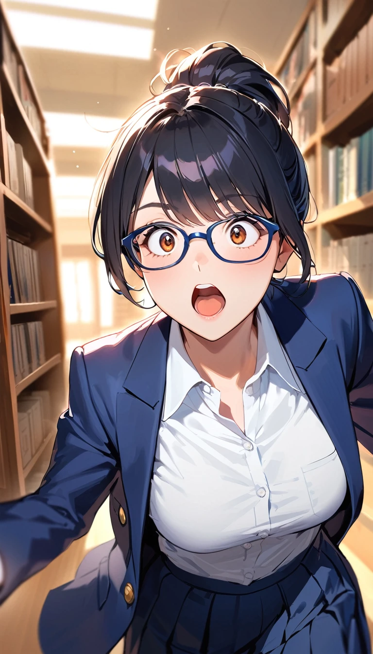 18 yeaes old, a woman, ponytail, Black Hair, Glasses, Mouth open in surprise,(Joy),front,Navy blue blazer, White shirt, Navy blue long skirt, high school student,Barely,In the library,Blurred background
