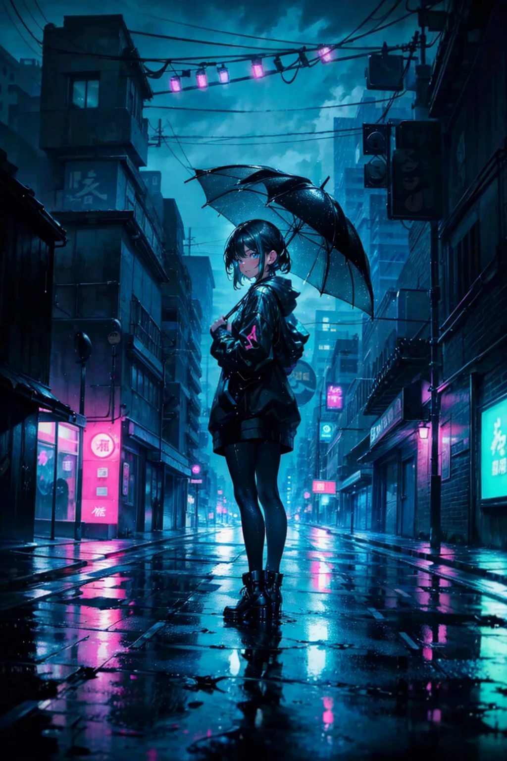 A transparent umbrella lying on the floor, Tokyo City, reflections on the floor, neon lights, Chuva, WATER DRIPS, anime scenery