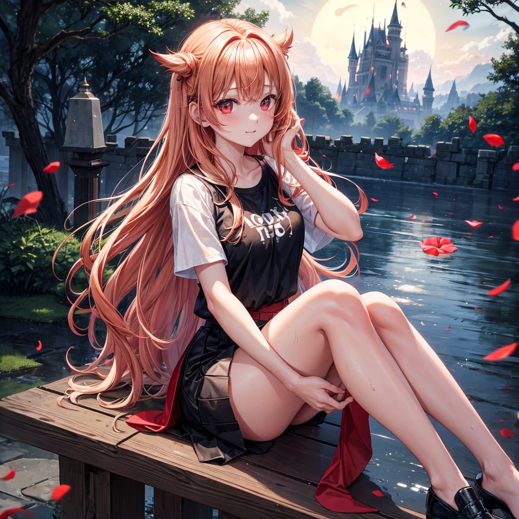 Red-blonde、Red eyes、One cute girl、solo、And soul、Light clothing、Checked mini skirt、petal、Wet hair、Sit on、black t-shirts、large tree、cloud、full moon、monster castle、lanthanum、Hell's Gate、Craft Gatekeeper、barefoot、Stones are piled up、Teeth are visible、Secret Treasure、Wooden chair、Moss grows、Fortress City