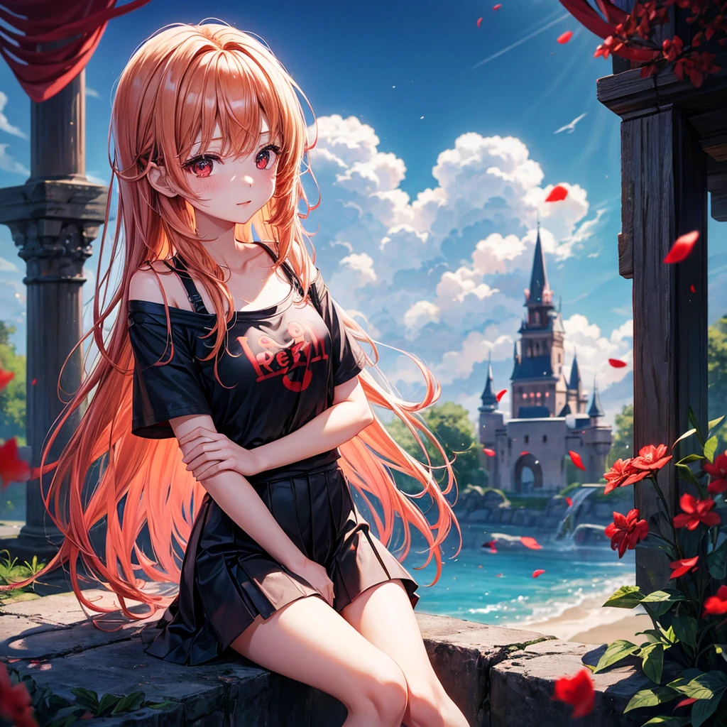 Red-blonde、Red eyes、One cute girl、solo、And soul、Light clothing、Checked mini skirt、petal、Wet hair、Sit on、black t-shirts、large tree、cloud、full moon、monster castle、lanthanum、Hell's Gate、Craft Gatekeeper、barefoot、Stones are piled up、Teeth are visible、Secret Treasure、Wooden chair、Moss grows、Fortress City
