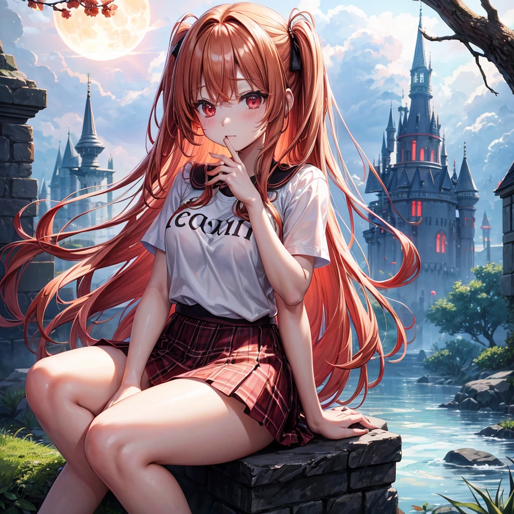 Red-blonde、Red eyes、One cute girl、solo、And soul、Light clothing、Checked mini skirt、petal、Wet hair、Sit on、black t-shirts、large tree、cloud、full moon、monster castle、lanthanum、Hell's Gate、Craft Gatekeeper、barefoot、Stones are piled up、Teeth are visible、Secret Treasure、Wooden chair、Moss grows、Fortress City