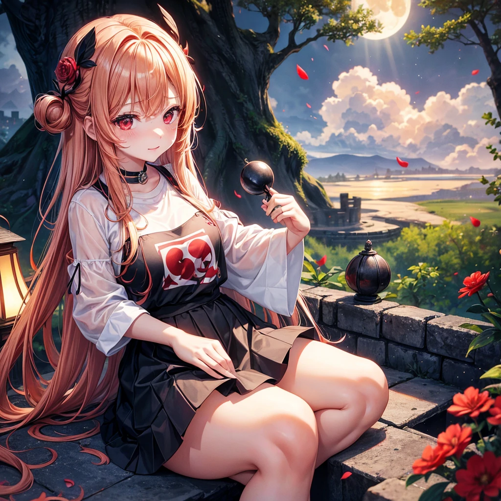 Red-blonde、Red eyes、One cute girl、solo、And soul、Light clothing、Checked mini skirt、petal、Wet hair、Sit on、black t-shirts、large tree、cloud、full moon、monster castle、lanthanum、Hell's Gate、Craft Gatekeeper、barefoot、Stones are piled up、Teeth are visible、Secret Treasure、Wooden chair、Moss grows、Fortress City