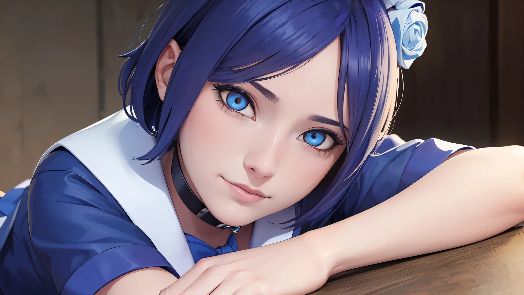 （（danya，konan \(naruto\),konan, blue hair, Orange pupils, short hair, hair ornament, flower, hair flower, ）））
BREAK ((blue bowtie, school_uniform,blue_sailor_collar,short_sleeves,blue and white skirt:1.5)) 
BREAK Tsundere,Evil smile,Top image quality,Best Quality,
BREAK (masterpiece:1.2), best quality, high resolution, unity 8k wallpaper, (illustration:0.8), (beautiful detailed eyes:1.6), extremely detailed face, perfect lighting, extremely detailed CG, (perfect hands, perfect anatomy),