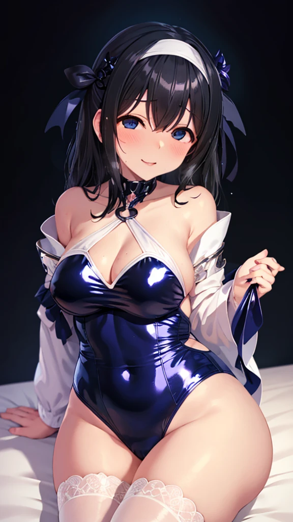Erotic、Big Breasts、Sagasawa Fumika、Black Hair、White Hair Band、No sleeve、Shoulder、Shiny navy blue one piece swimsuit、Navy blue school swimsuit、Navy blue leotard、Dark blue competitive swimsuit、Evil female executive、sexy、Grin、lure、Alluring、Pitch black background、Dark bedroom at night、Fallen into evil、Laid down