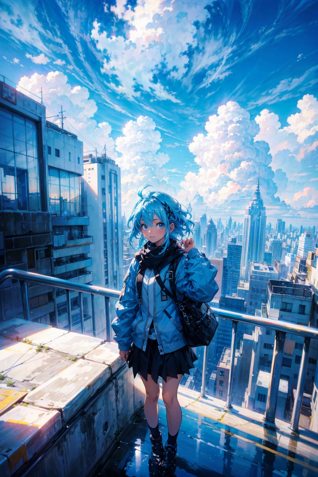 1girl,solo,cute,light blue hair,outdoor,cloudy,sky,over lookdown the city