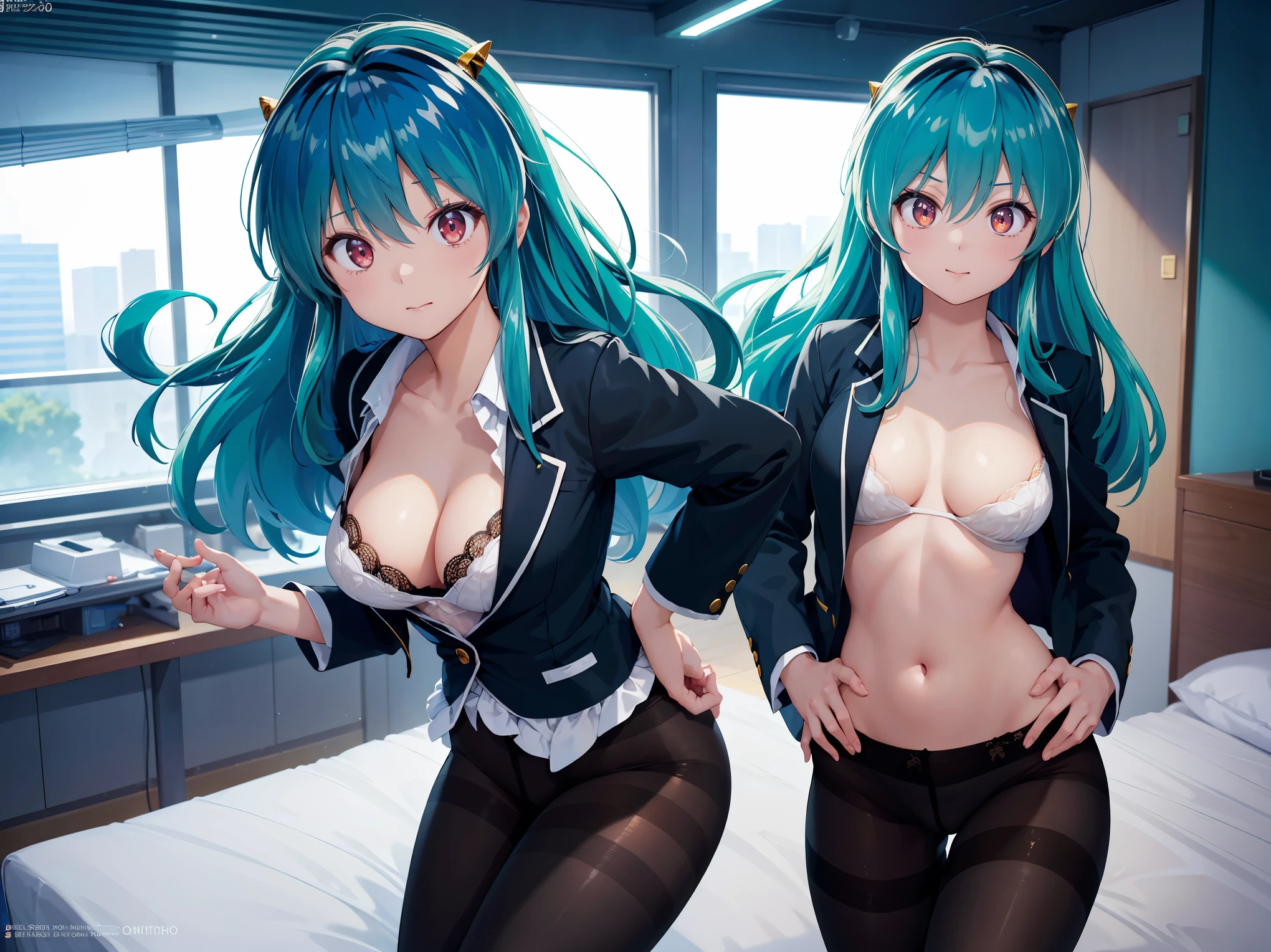 (1 Girl:1.2),(high quality), (High resolution), (Very detailed), (8k),(Demolition paperback correct)、Urusei Yatsura、Ram-chan、((Sexy Lingerie))、Wearing a blazer、((Focus on the whole body))、Nipple Shape、((Black Pantyhose))、Hair messed up by the strong wind、Neutral White Lighting,Sexy pose、