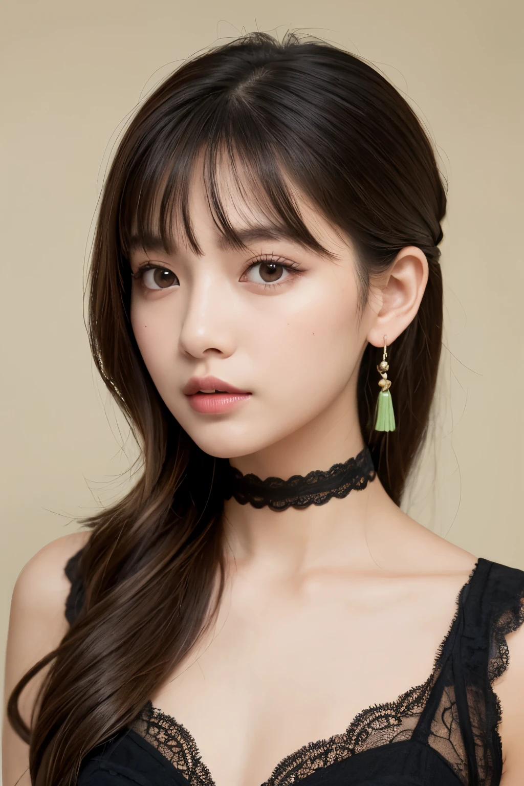 A young woman with white skin is placed in the center、Against a neutral background。Her expression is neutral,、Showing a little curiosity。She has big round eyes and soft pink lips.。She has her light brown hair tied up in a loose updo.、She has soft bangs that frame her face.。She is wearing eye-catching long pink tassel earrings.、This is where the color and texture come in.。Around her neck she wears a black choker decorated with flowers.。Her outfit is、A black lace halter top with an intricate floral pattern、A pale green undergarment is visible underneath.。The lighting is soft and uniform、It highlights her clear skin and delicate facial features.。The overall atmosphere is quiet,、It's a bit fantastical。