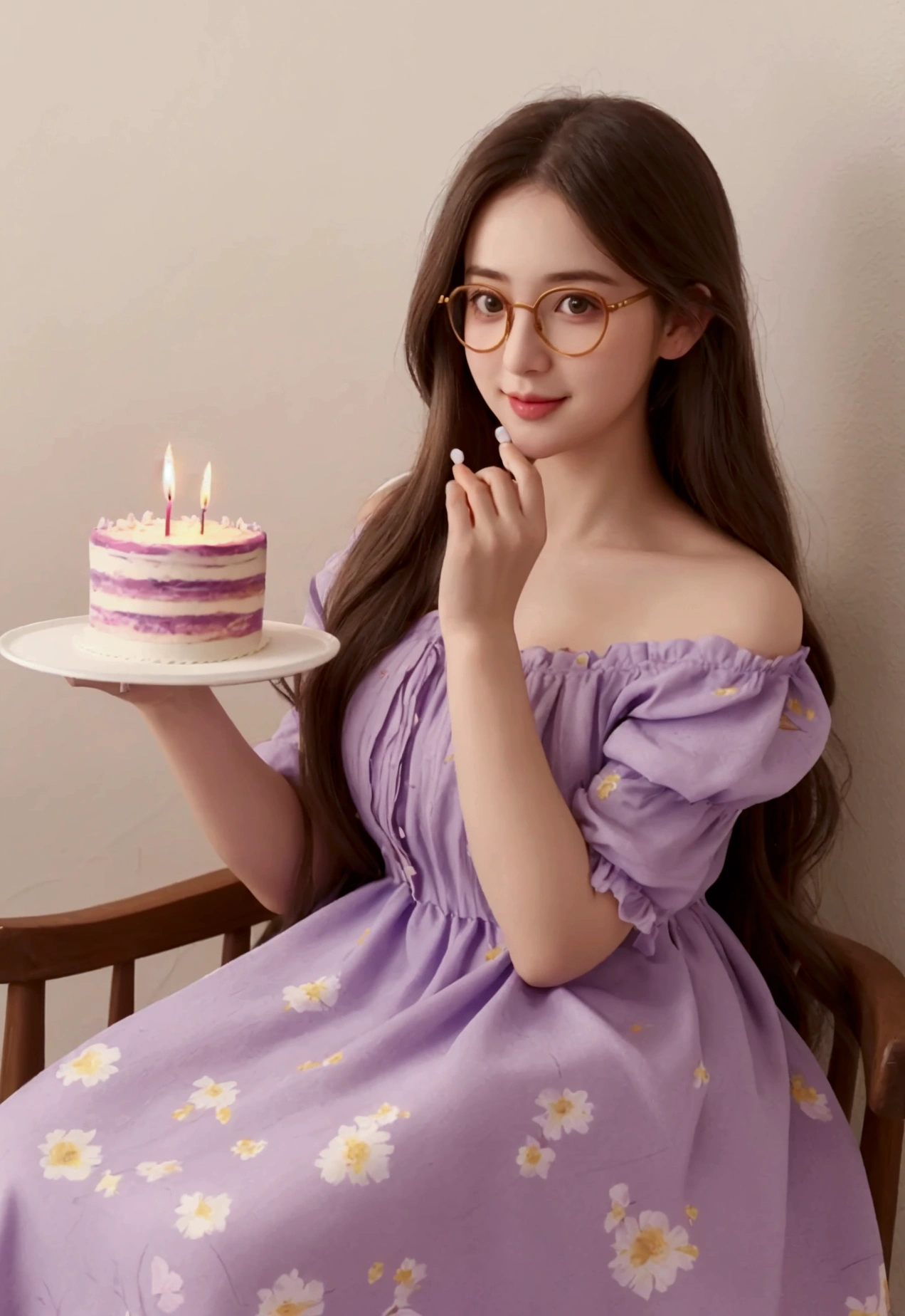 Give me a picture of rapunzel hiding her face with one hand and,wearing cute glasses with shoulder length hair, sitting and holding cake in her hand and background is dark only her face and hands and cake should be visible, she's looking softly at her cake with her mouth closed with a subtle smile and the on the cake is written happy Birthday Ayezel. Only her front half is visible and cake must be 1 story and also with only one candle, and her dress should be like prairie dress in lavender color with floral prints