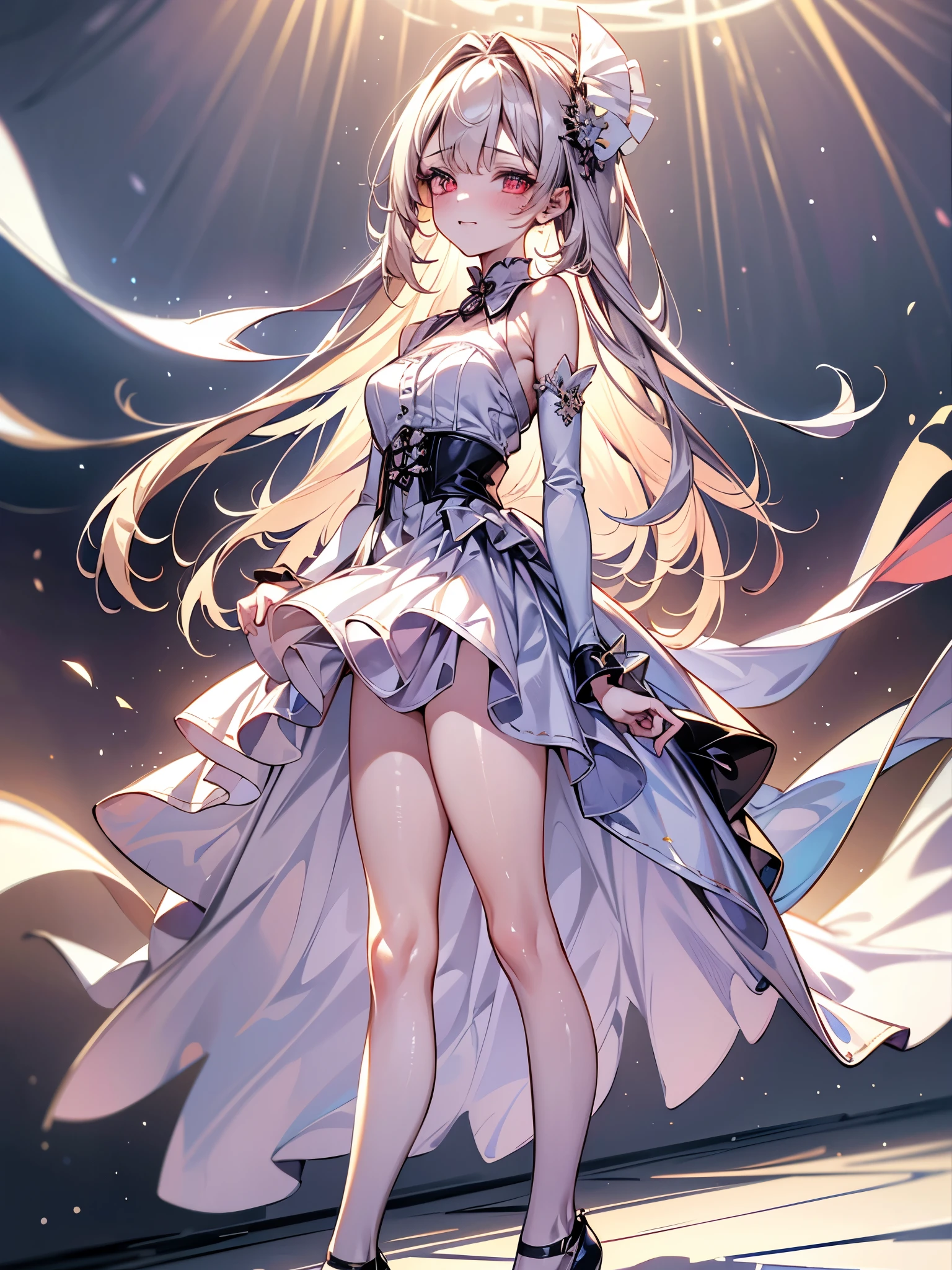 ((Anatomically correct, Super Detail, Awards, masterpiece, Highest quality, Cinema Lighting, 8k, The whole body is projected)) , One Woman,Bunny ears:1.5, Flowing white hair, Long Hair, Crescent moon hair ornament, (((Five Fingers, Accurate hand shape, Unbroken Fingers))), Small breasts, Wear a dress, skirt, フレアskirt, Close your eyes and pray, Fingers crossed, On my knees, lower one's head, Offer prayers at the Water Temple, Artistic stone pillars, Beautiful flow of water, Moonlight pours down, Ethereal Anime, Beautiful anime art, Beautiful digital art, Anime fantasy artwork