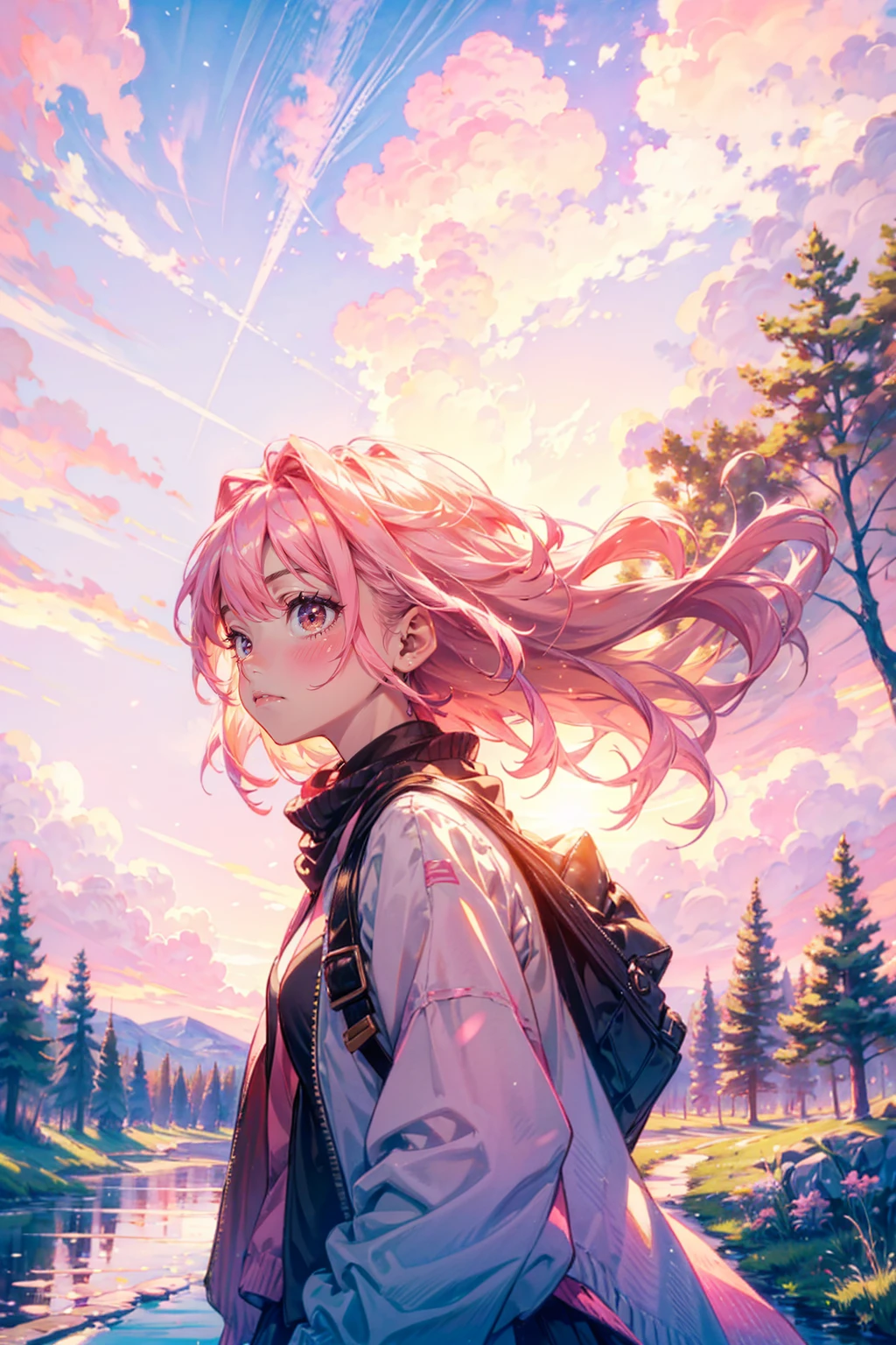 1girl,solo,cute,pink hair,outdoor,sunny day,brilliant sky,naturex