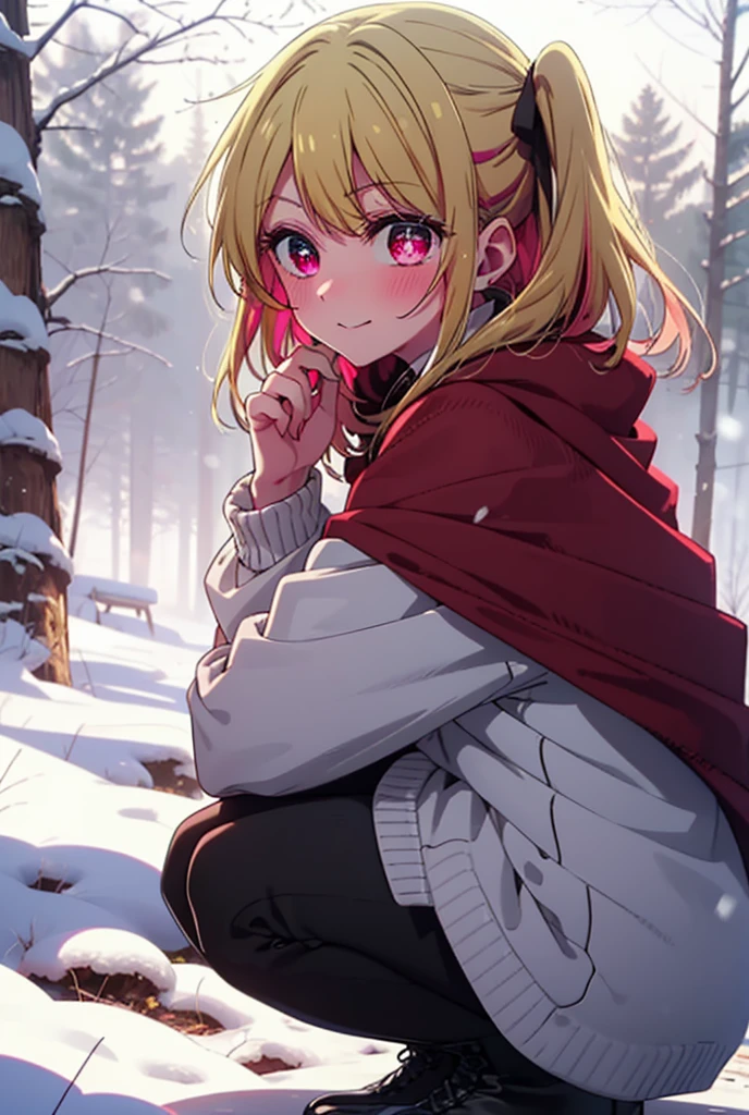 rubyhoshino, Hoshino Ruby, Long Hair, bangs, blonde, (Pink Eyes:1.3), Side Lock, (Symbol-shaped pupil:1.5), Multicolored Hair, Two-tone hair, smile,,smile,blush,white breath,
Open your mouth,snow,Ground bonfire, Outdoor, boots, snowing, From the side, wood, suitcase, Cape, Blurred, , forest, White handbag, nature,  Squat, Mouth closed, Cape, winter, Written boundary depth, Black shoes, red Cape break looking at viewer, Upper Body, whole body, break Outdoor, forest, nature, break (masterpiece:1.2), Highest quality, High resolution, unity 8k wallpaper, (shape:0.8), (Beautiful and beautiful eyes:1.6), Highly detailed face, Perfect lighting, Extremely detailed CG, (Perfect hands, Perfect Anatomy),