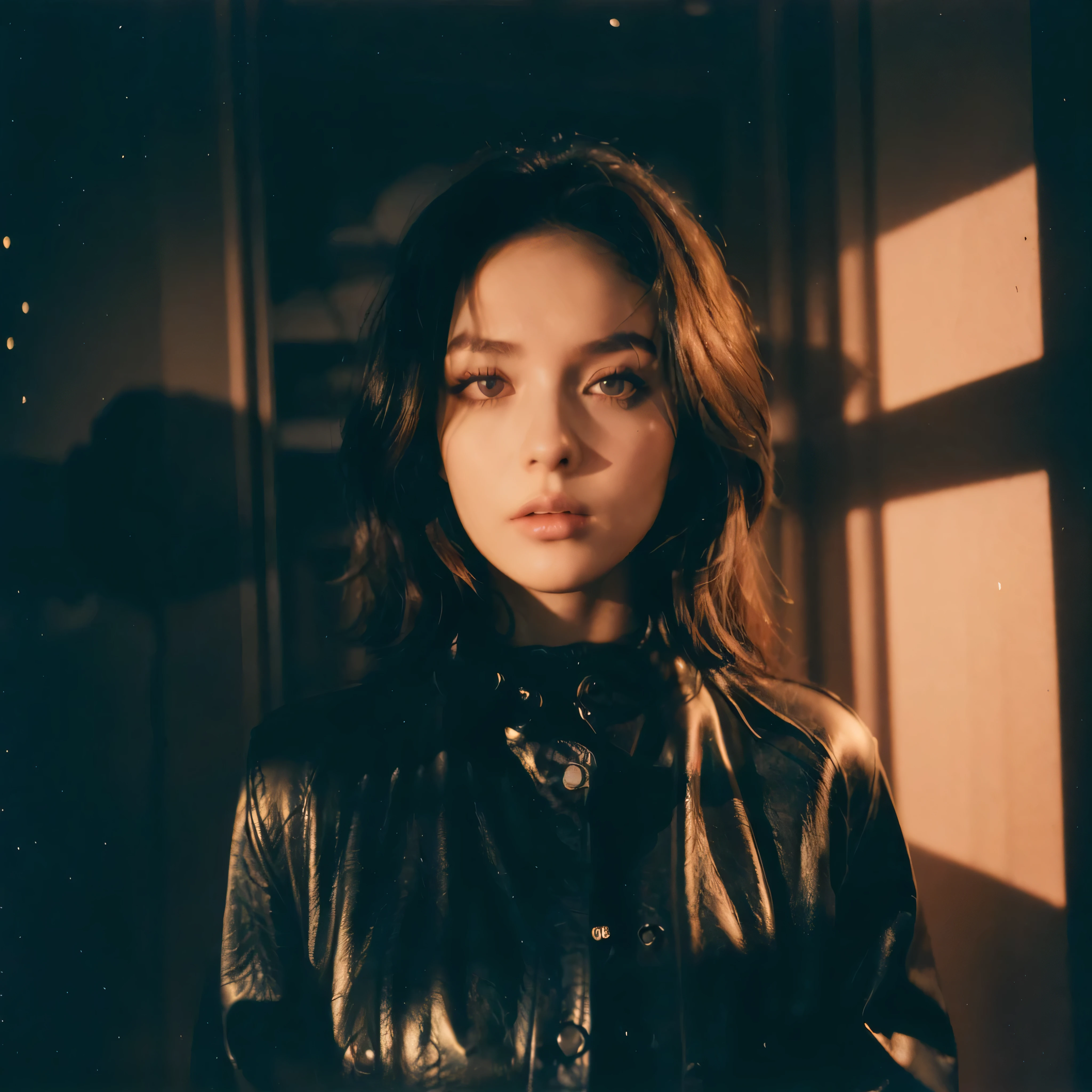 (Best Quality, Masterpiece, Ultra High Definition, High resolution, highly detailed, High Definition Face:1.5), 20-year-old woman, 1 beautiful woman, (full body photo:1.4), (Beautiful woman wearing a leather jacket, long hair:1.2), (beautiful eyes, light in the eyes), eyes are in focus, white skin, Glossy, shiny skin, very Fair skin, (film photography style, photo with strong shadows, Background neon light, City of night, cyber punk:1.2), frown, violently fluttering hair, very long hair styles, Slim, (Big Breasts)