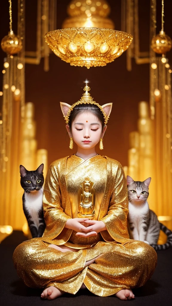 Please prepare images that can be used for spiritual purposes.、Please use Cat as a model and dress him up like a Buddha.、Please use a sparkling gold color for the whole thing.、Clasp your hands in front of you、Legs crossed、Face is Cat、Body is also Cat、The background is also sparkly and spiritual.、Cat