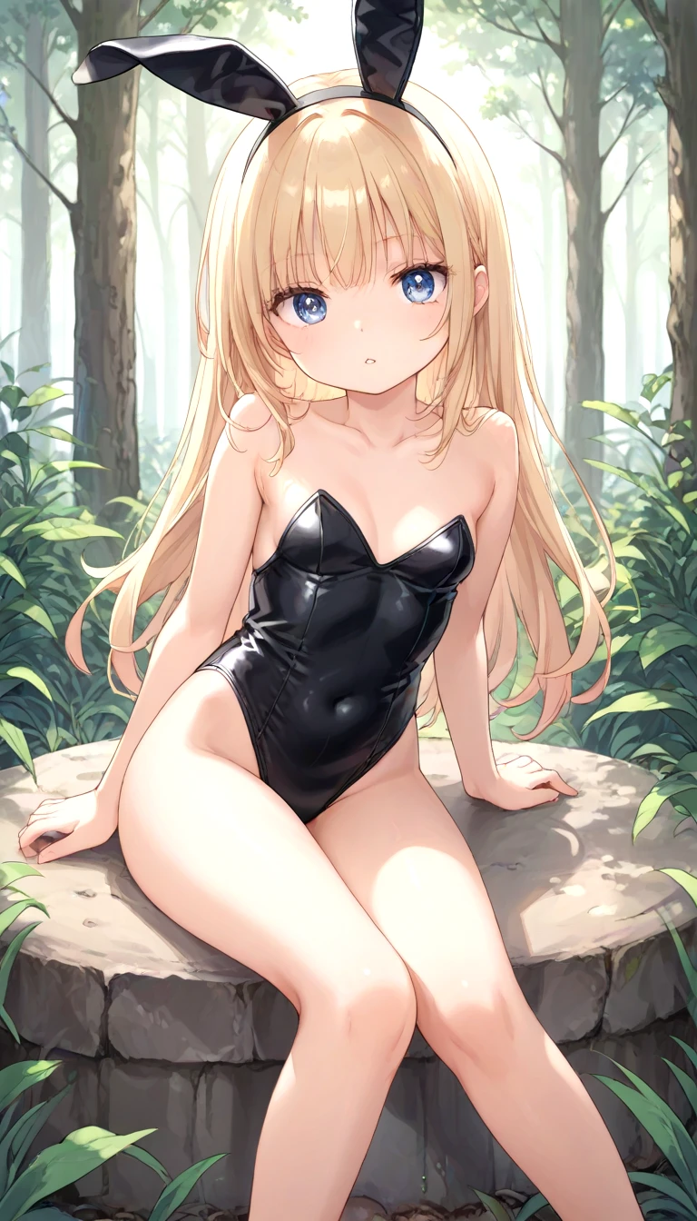 score_9, 1girl, cleavage, clothes lift, small breasts, sitting, on side, bare arms, bare shoulders, collarbone, bunnygirl, bunnysuit, wide hips, thick thighs, skinny, looking at viewer, (parted lips:1.3), detailed eyes, forest, shot from feet