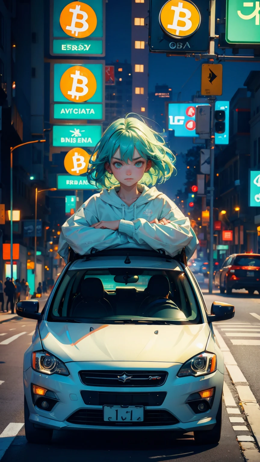 A cute girl light green hairs, with sadness emotions on face looking at of cars stuck in traffic with bitcoin symbols on the road signs, Bitcoin symbols and blue hues for road signs, one car has an extremely frustrated girl sitting inside it looking at his phone,