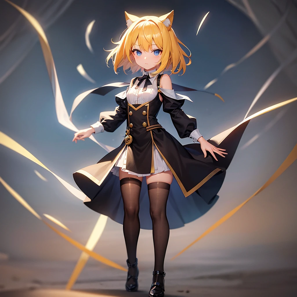((Adventurer)),Wizard,mini skirt,Maid clothing,Cute little ,Tiny ,Small girl,,Childish face, Very fine clean face,Top quality,Straight Hair,Yellow hair,(Dark Room), Subtle Light, Natural light,Soft lighting,Light from directly behind,(Open your hands), (Are standing),Front view,Black background