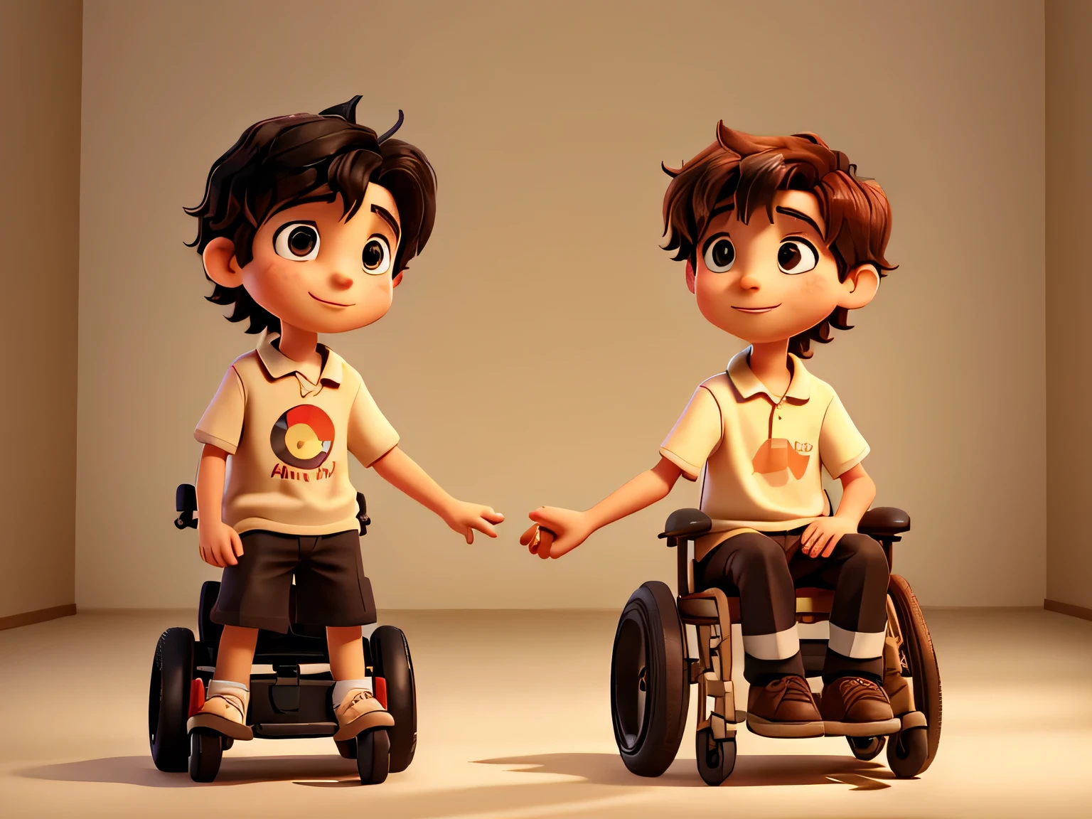 Make a picture of a 7--old istic boy with messy black hair and deep brown eyes standing next to his friend, a wheelchair-bound boy with red hair. The friends are holding hands and the background is in a very light beige tone with golden lights reflecting on the friends.