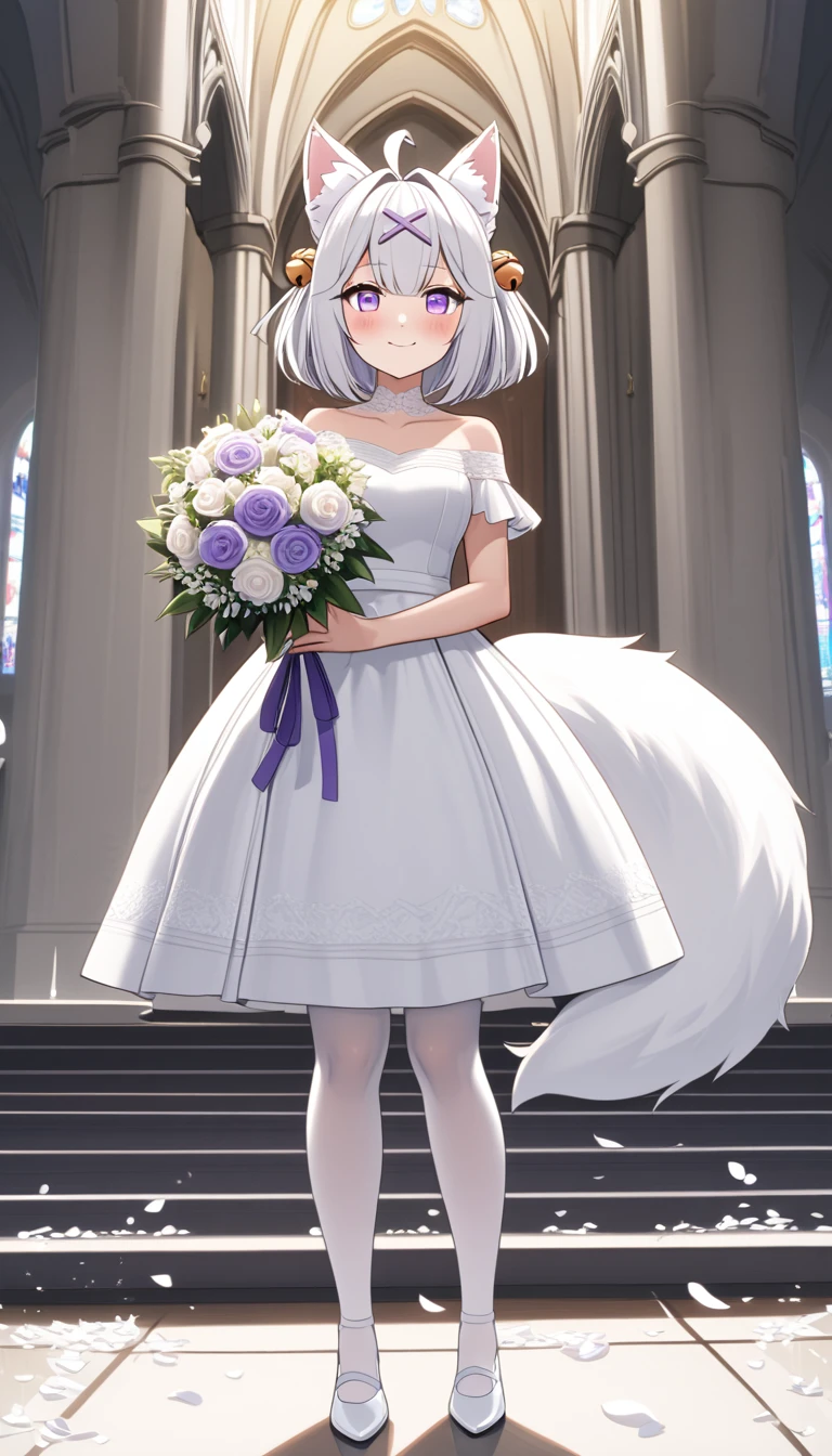 Church, infront of the altar, church isle, 1girl, solo, Filian, fluffy fox tail, small cat ears, white hair, short hair, ahoge, hairclip, hair bell, big purple eyes, slight blush, smiling, a-line wedding dress, white stockings, white shoes with heals, scattered white petals, full body pose, innocent pose, holding bridal bouquet