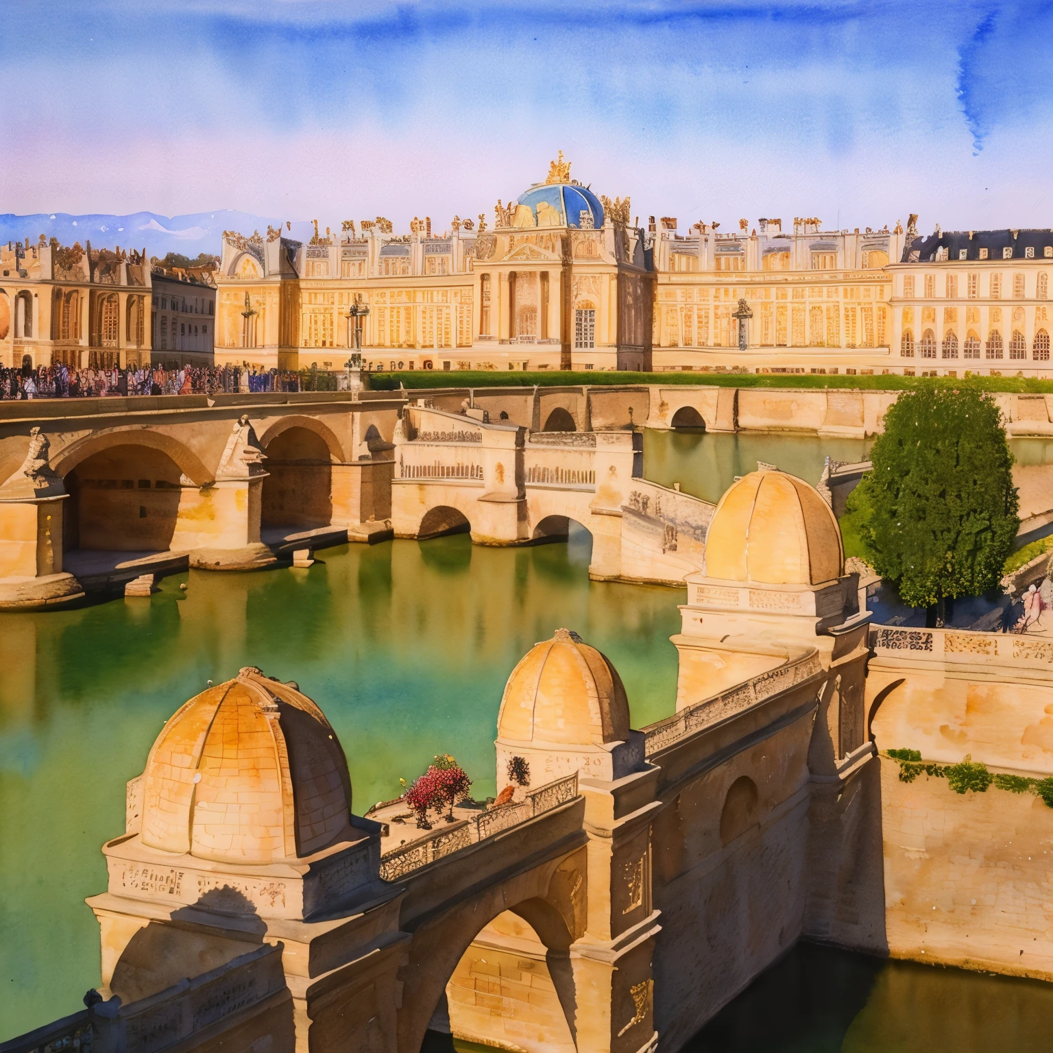 (masterpiece:1.2, Highest quality),(Very detailed),(((watercolor))),8k,wallpaper,Landscape of France,Versailles Castle,night,(((透明watercolor)))