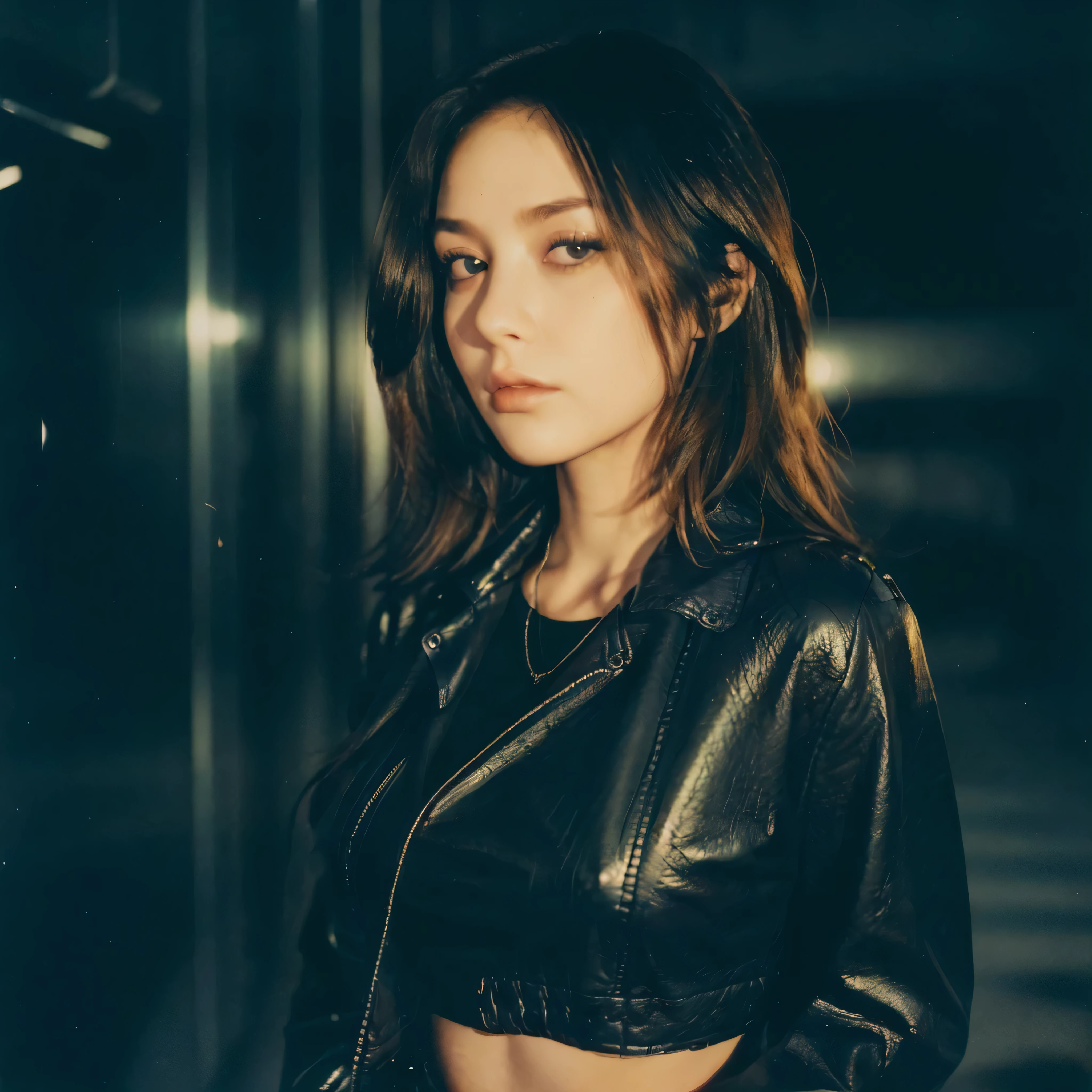 (Best Quality, Masterpiece, Ultra High Definition, High resolution, highly detailed, High Definition Face:1.5), 20-year-old woman, 1 beautiful woman, (full body photo:1.4), (Beautiful woman wearing a leather jacket, mini skirt, long hair:1.2), (beautiful eyes, light in the eyes), eyes are in focus, white skin, Glossy, shiny skin, very Fair skin, (film photography style, photo with strong shadows, Background neon light, City of night, cyber punk:1.2), frown, violently fluttering hair, very long hair styles, Slim, (Big Breasts)