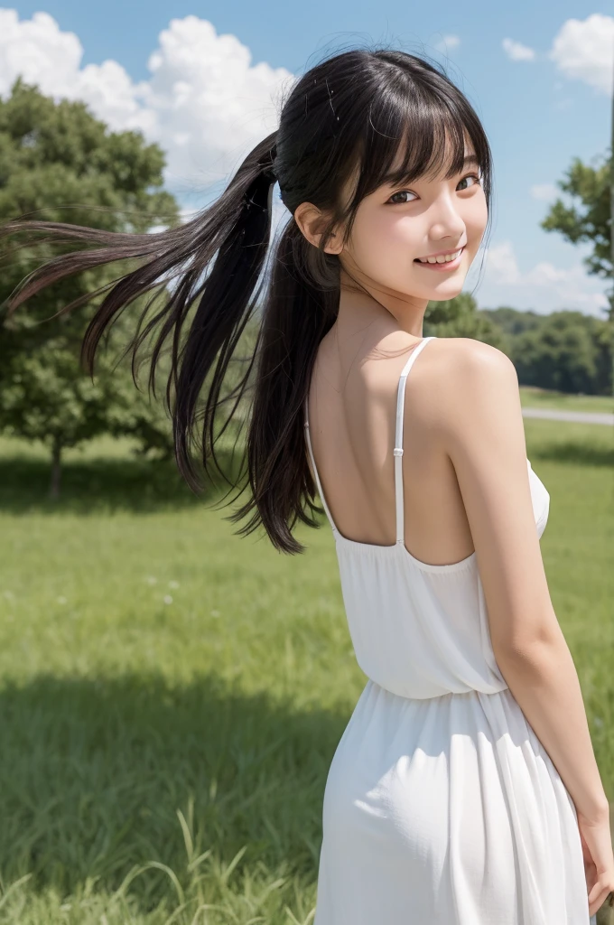 16 years old,high school girl,Black Hair,bangs,ponytail,Hair blowing in the wind,Straight hair,Dark Eyes,Small face,Young Face,Clean your eyes,Small Mouth,thin,Young Face,Flat chested,Flat chested,Flat chested,Small breasts,Small breasts,Small breasts,Realistic photos,8k,Mouth slightly open,Ultra HD,whole body,Pure girl,grassland,blue sky,whole body,,White tank top dress,summer,smile,Showing teeth,Back view,look back,Butt