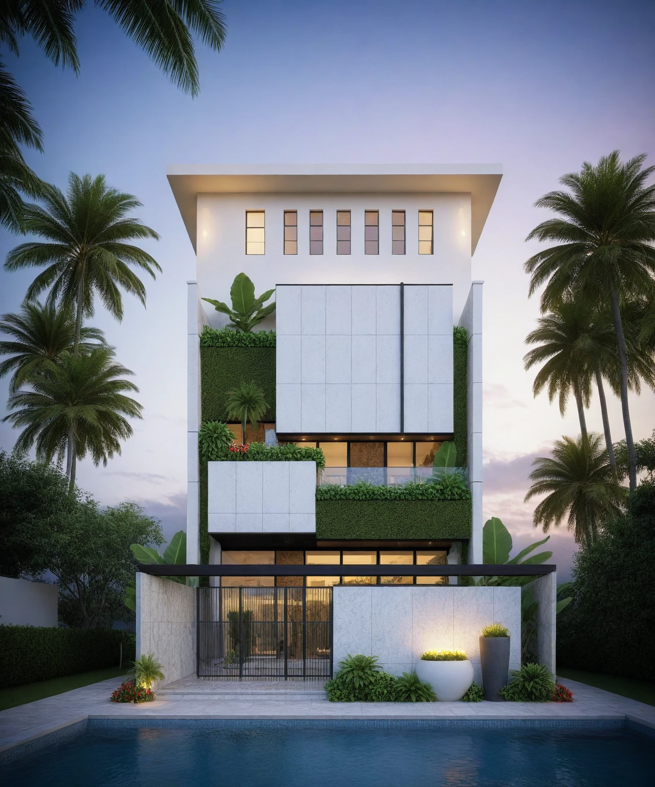 (masterpiece),(high quality), best quality, real,(realistic), super detailed,(full detail),(4k),8k,modern house exterior design,Modern architecture,white_house,Beautiful_sky,sunrise_light,(gentle light),((no_strong_contrast)), no_humans, outdoors,sky,((Tropical_trees)),Coconut_trees,Palm trees,Pool and Garden_flower_front_of_building,pool villa,(strong interior light),