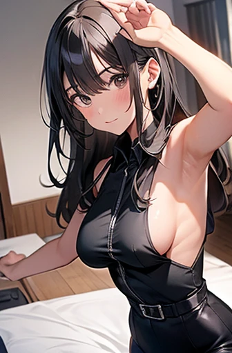 hair、Gazing at the audience　　　Black suspenders　　　bulging big breasts　　 　 　　　wall: 　Black pantsuit　　　　　　vision　　　Small face　 　　　holster　　　Beautiful woman　　Show me your hands　　 Lying in bed　　vision 　　Taunt　~ side　~ side汗 　arm　Dress shirt　belt　summer　Armpit sweat