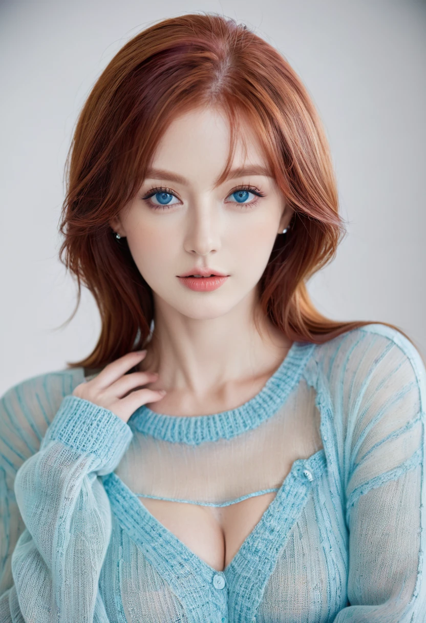 Miss, Large Breasts, Red hair, blue eyes, Transparent sweater, Small chin  