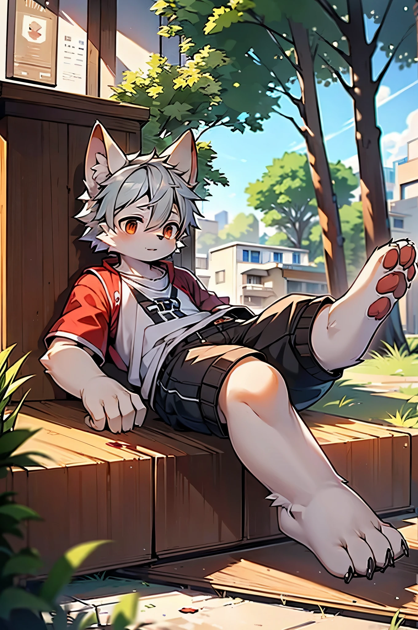 (Dagashi: 1.1),BREAK,Masterpiece,High resolution,8k,Detailed Background,high quality,BREAK,Furry,(One boy)broken,Fox,fur,Bright outside,Gray Hair,It has two legs