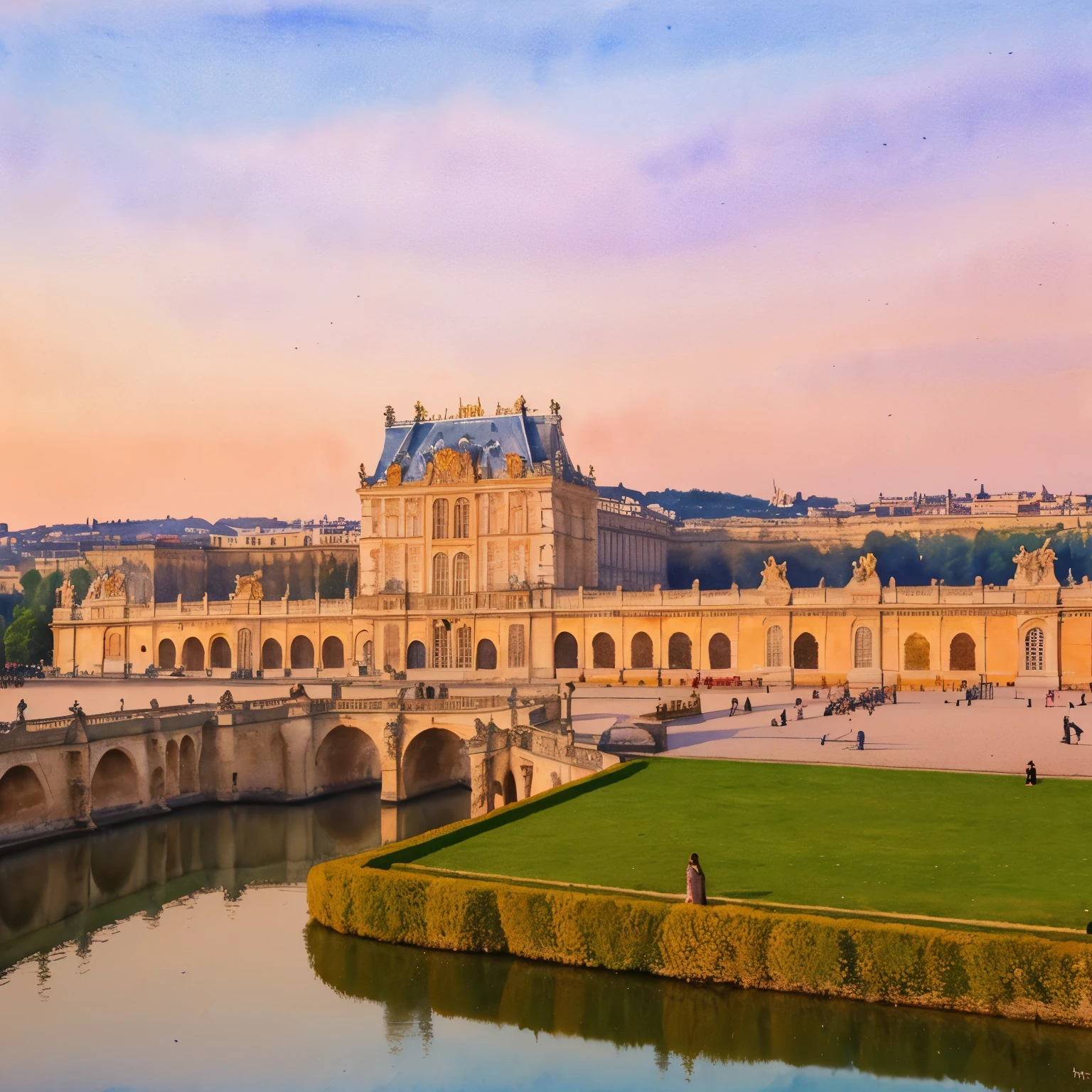 (masterpiece:1.2, Highest quality),(Very detailed),(((watercolor))),8k,wallpaper,Landscape of France,Versailles Castle,night,(((透明watercolor)))