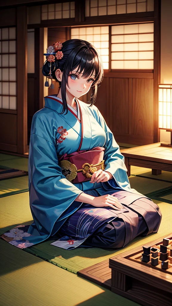 A young woman wearing a kimono playing shogi。　The background is a Japanese-style room
