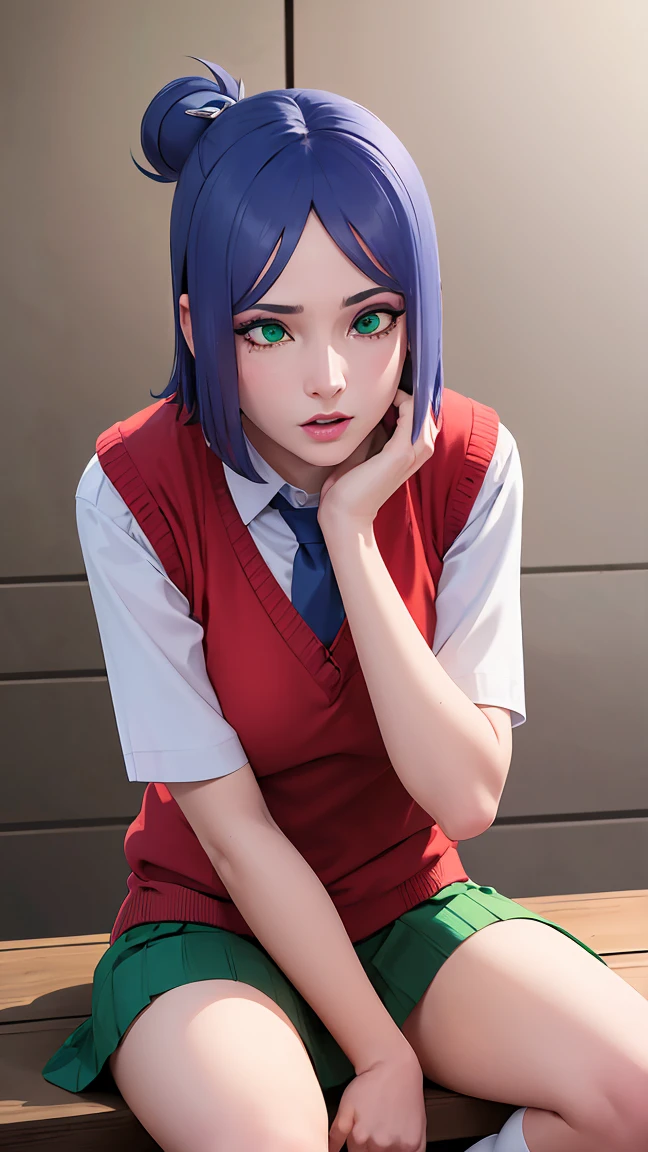 （（danya，konan \(naruto\),konan, blue hair, Orange pupils, short hair, hair ornament, flower, hair flower, ）））
BREAK ((white socks, green skirt, sweater vest, red sweater vest:1.5)) 
BREAK sitting on the throne, eyes slightly closed, head down, (shy: 1.2 ), (makeup), high contrast, (best illumination, an extremely create and beautiful),
BREAK (masterpiece:1.2), best quality, high resolution, unity 8k wallpaper, (illustration:0.8), (beautiful detailed eyes:1.6), extremely detailed face, perfect lighting, extremely detailed CG, (perfect hands, perfect anatomy),