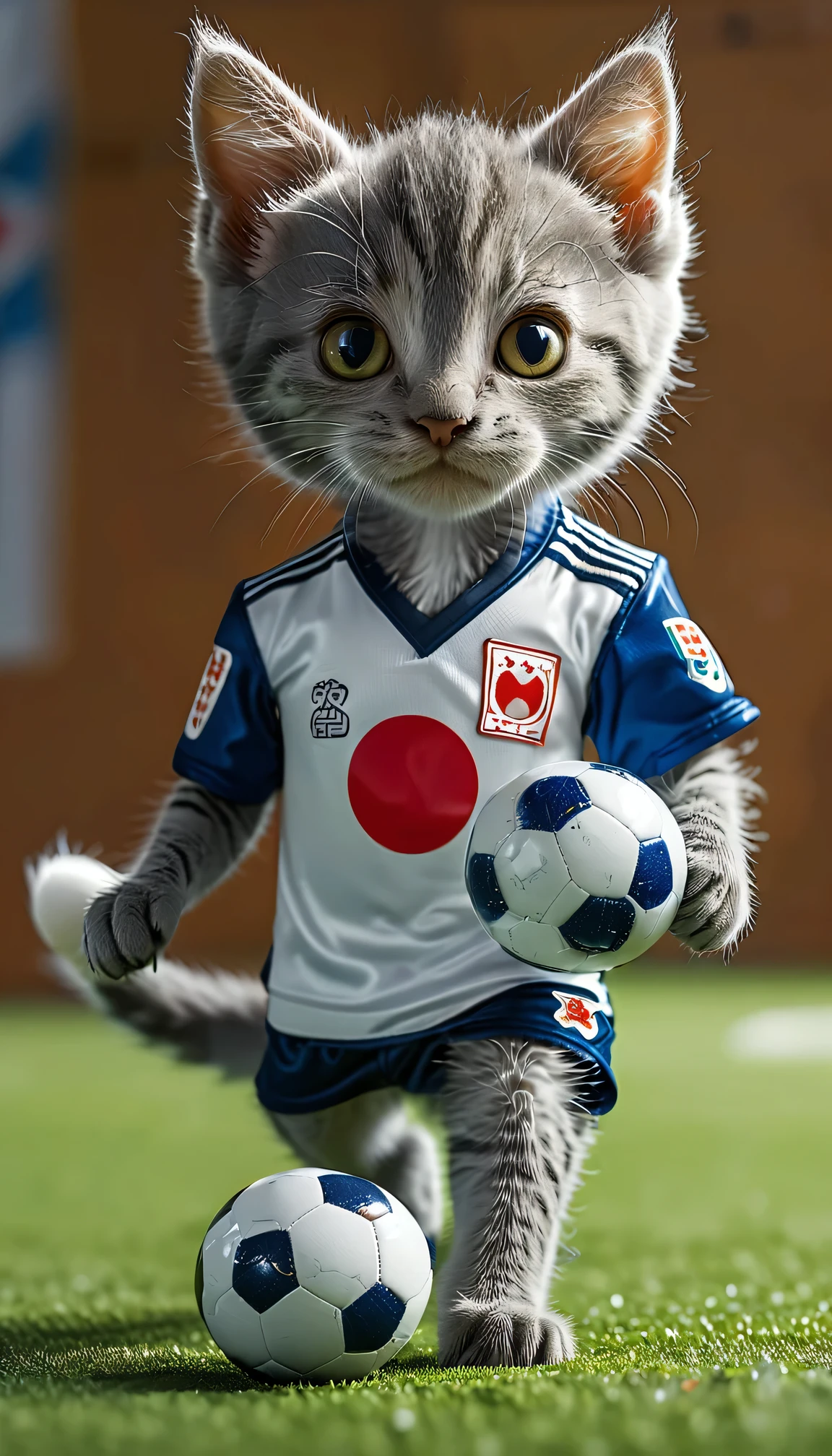 ((8k)), highest quality, 超High resolution, (High resolution), A gray kitten is playing soccer wearing a Japanese national soccer team uniform, Kicking a soccer ball with one's foot, shoot, Soccer field, Soccer Goal, Natural grass, Loud cheers from the audience
